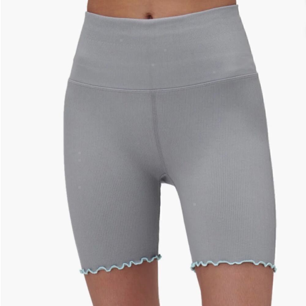Spiritual Gangster Gray Ribbed High-Waist Biker Shorts with Lettuce Hem